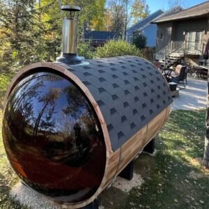 sauna exterieur bois vue pres